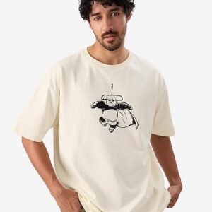 The Rouled Official Kung Fu Panda: Back Off Men and Boys Short Sleeve Round Neck Off White Graphic Printed Cotton Oversized T-Shirts